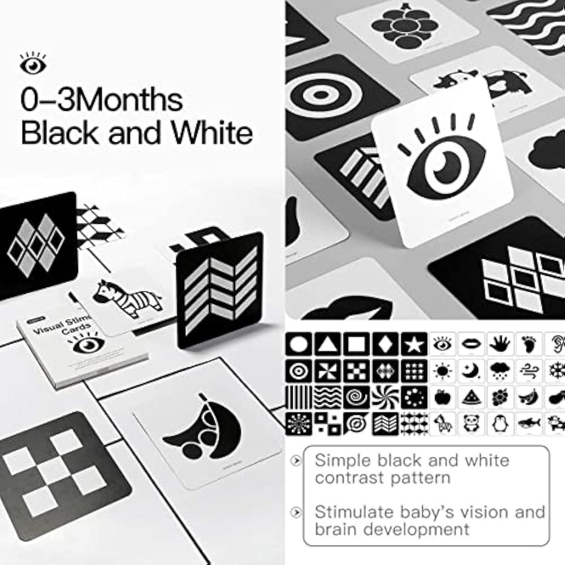 beiens Newborn Essentials Sensory Toys Cards, 160 Page Black White Visual Stimulation Learning Activity Cards for Babies Ages 0-3-6-12-36 Months, 5.5'' x 5.5'' Baby Essentials for Newborn Toys Gifts