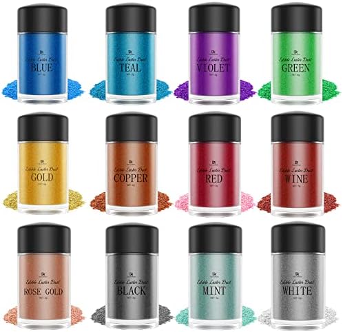 Luster Dust Edible Set - 12 Colours Food Grade Edible Shimmer Dust Powder for Cake Decorating, Baking, Drinks, Fondant, Icing - Edible Glitter Metallic Dusting Powder for Candy, Cookie,Paint - 5g Each