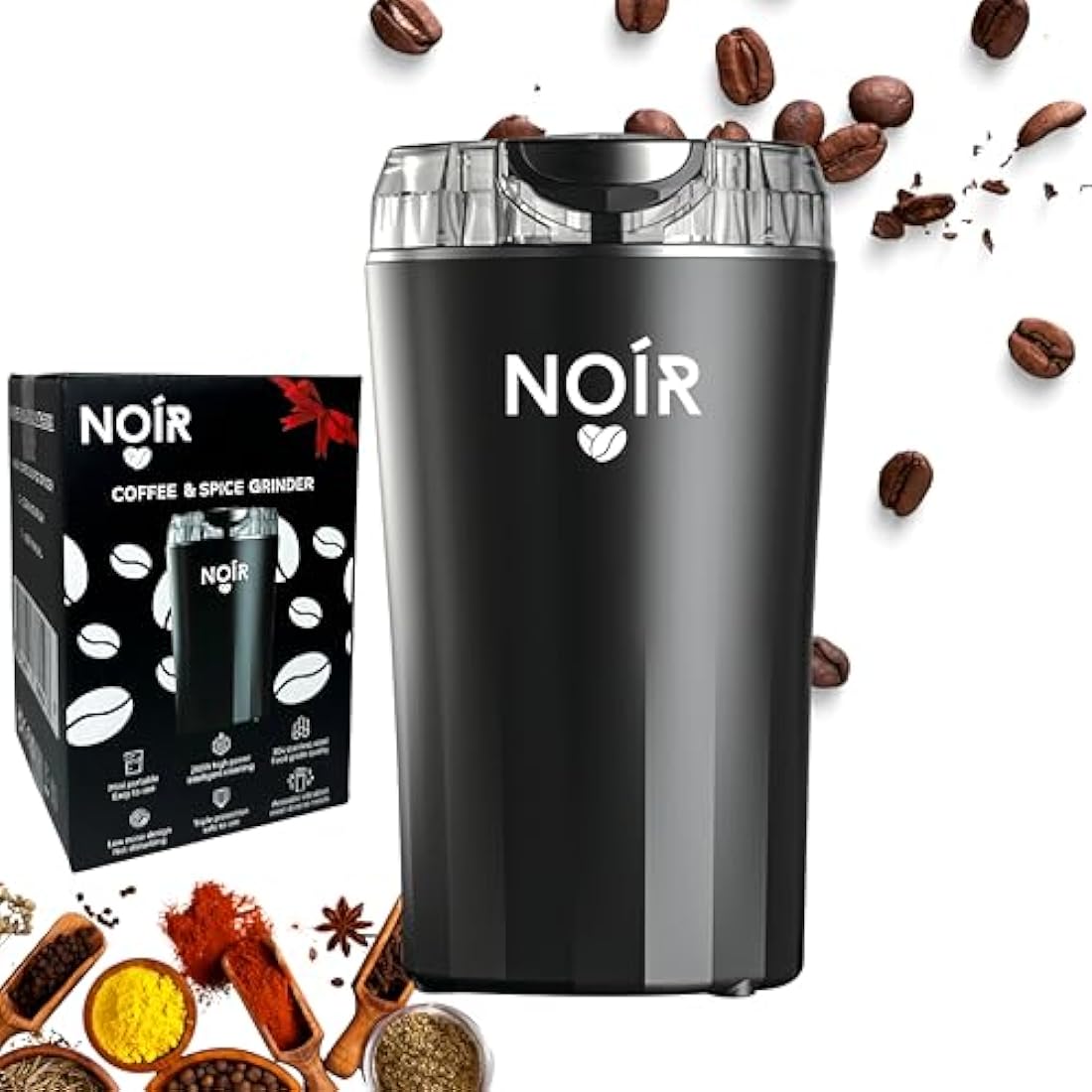 NOÍR Electric Coffee & Spice Grinder, 200W Motor, 90g Capacity, 304 Stainless Steel Blade, Safety Lock, Safe & Durable, Easy to Clean, Free Cleaning Brush Included