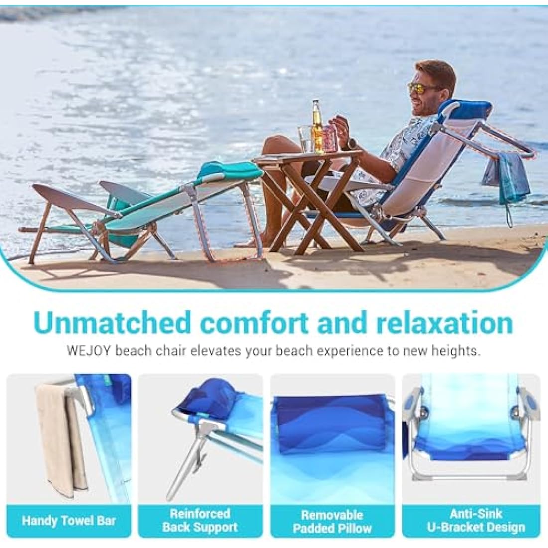 #WEJOY 4-Position Folding Beach Chair - Lightweight Aluminum Camping Chair for Adults, High Back Recliner with Pillow & Storage Pocket, Portable