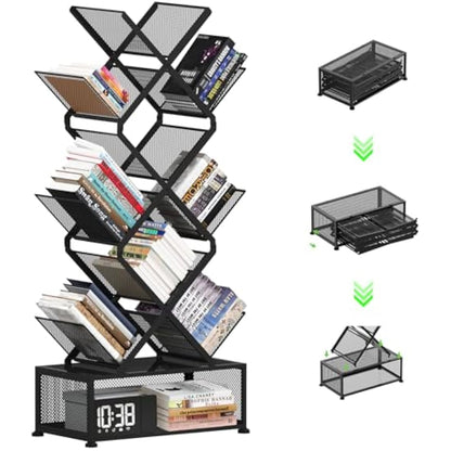 Gintan 9-Tier Space Saving Bookshelf with Storage,Bedroom Shelves Folding Bookshelves,No Installation Required Corner Shelf Tree Bookcase for Living Room,Study,Home Office,Bed Room (Black)