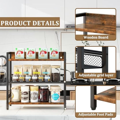IBUYKE 3-Tier Spice Rack - Industrial Counter Shelf,Desktop Storage Organizer,Standing Seasoning Rack for Countertop Kitchen,Office,Living Room,Rustic Brown TLJ021H