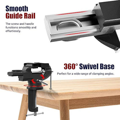 Nuovoware Table Vise 70mm, 360° Swivel Base Universal Home Portable Bench Clamp, Clamp-on Vise Bench Clamps Fixed Tool for Woodworking, Metalworking, Cutting Conduit, Drilling, Sawing, Black