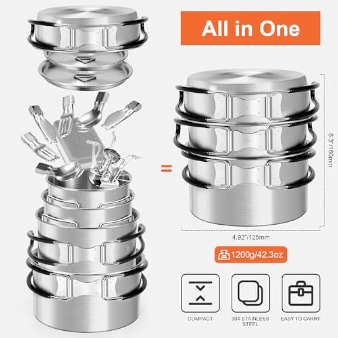Odoland Camping Cookware Kit, Ceramic Non-Stick Cooking Set with Plates, Bowls, Forks, Knives, Spoons for Camping, Backpacking, Hiking, Picnics