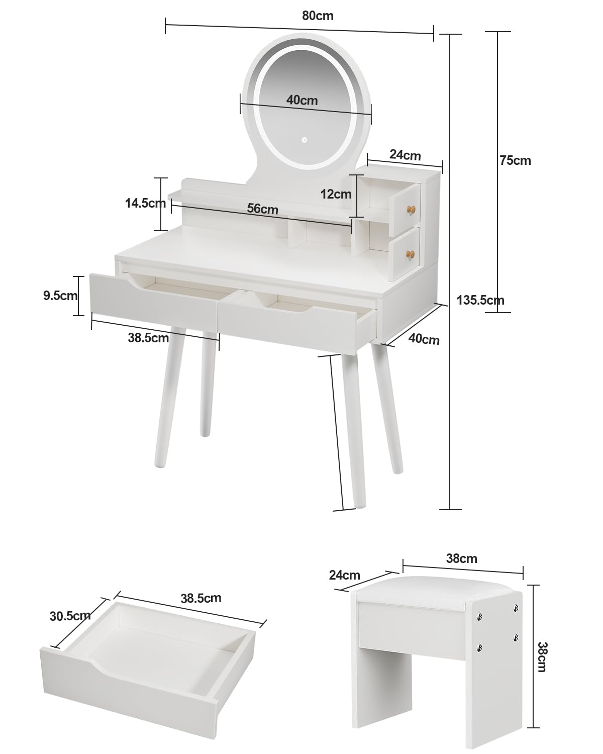 Dressing Table with Round Mirror and Stool, Small Vanity Desk, White