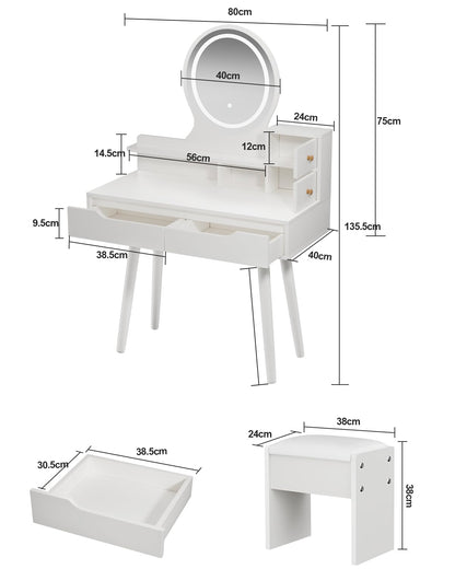 Dressing Table with Round Mirror and Stool, Small Vanity Desk, White