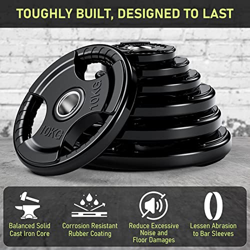 PhysKcal Olympic Weight Plates 4x5kg with Rubber Finish 2?? Opening and Tri-Grips, Black Barbell Plates Discs in Pair for Lifting and Strength