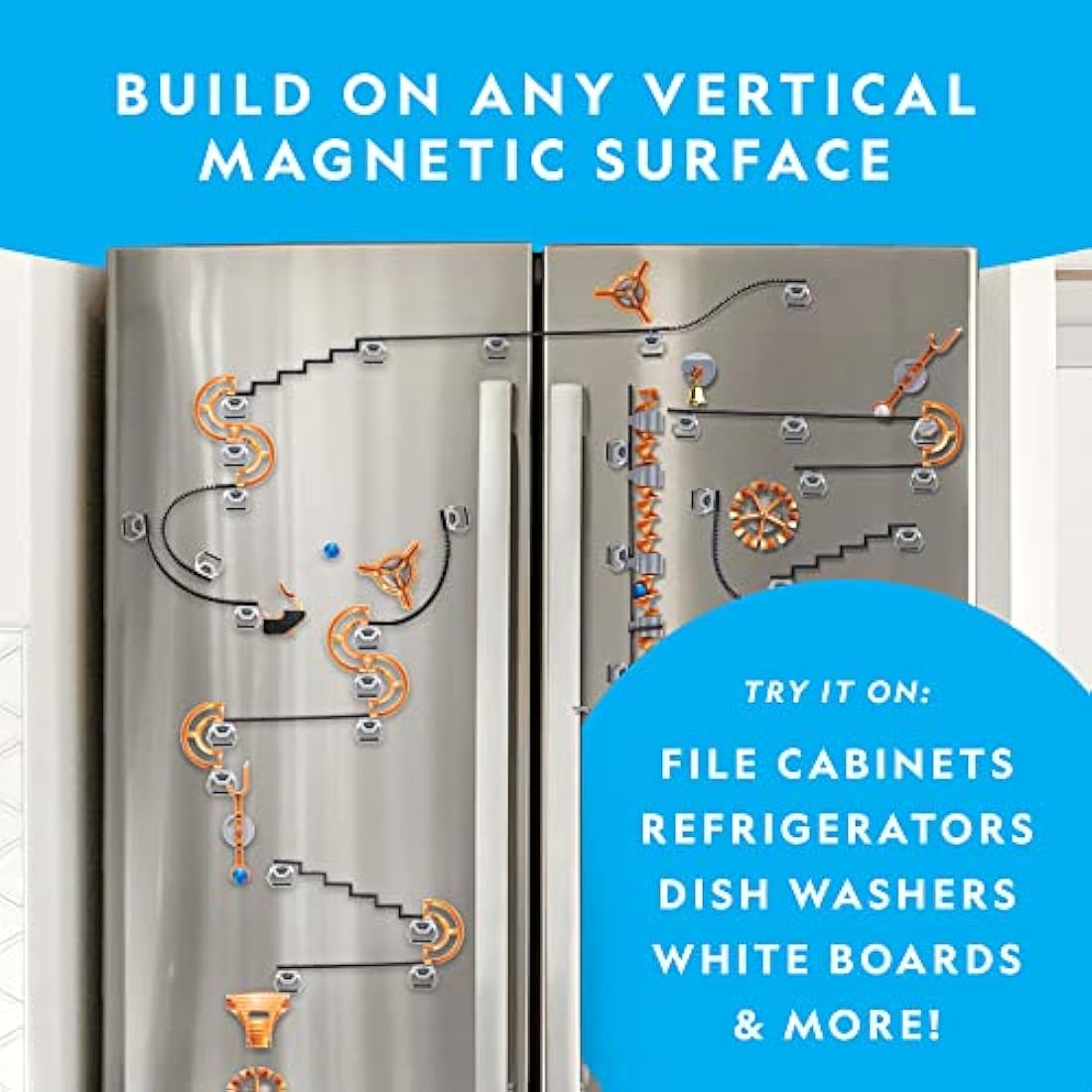 NATIONAL GEOGRAPHIC Magnetic Marble Run - 150-Piece STEM Building Set for Kids & Adults with Magnetic Track & Trick Pieces & Marbles for Building A Marble Maze On Any Magnetic Surface
