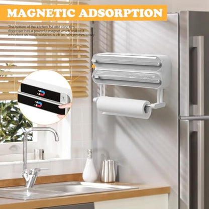 Magnetic Cling Film Dispenser and Cutter - Upgraded 3-in-1 Wall-Mounted Kitchen Roll Holder, Quasziwa Refillable Aluminium Foil Dispenser with Paper Towel Holder - Includes 1x50m Clingfilm Roll, White
