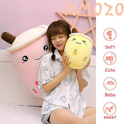 AMOZO Cute Cartoon Boba Milk Tea Soft Plush Doll, Giant Boba Bubble Plushie Stuffed Tea Cup Pillow Gift Toys(Pink,24cm)