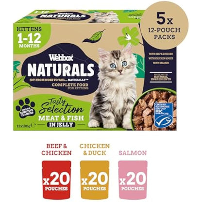 Webbox Naturals Complete Kitten (1-12 Months) Wet Cat Food, 60 x Meat & Fish in Jelly Variety Pack - Made with Natural Ingredients and No Nasties (60 x 100g Pouches)