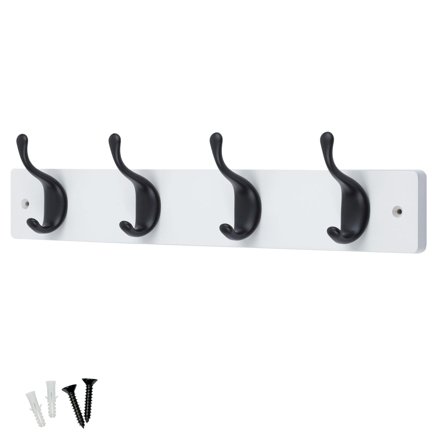 keypak 4 Matte Black Coat Hooks on White Wooden 46cm Board. 3.4kg Per Hook