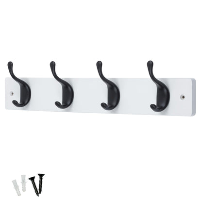 keypak 4 Matte Black Coat Hooks on White Wooden 46cm Board. 3.4kg Per Hook