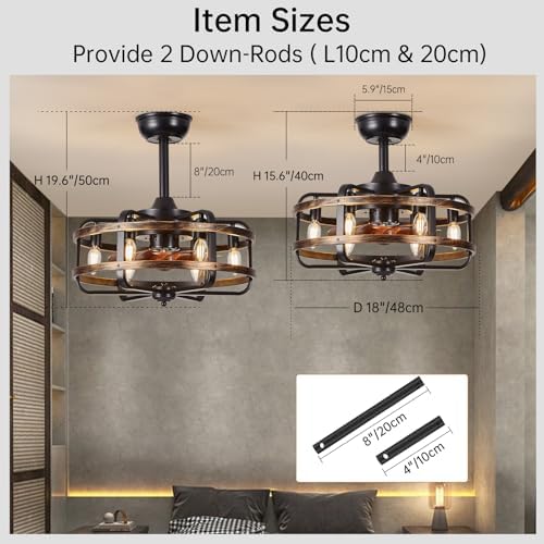 IZOWE Ceiling Fans with Lights and Remote, Industrial Caged Ceiling Fan 3 Speed Vintage Reversible Ceiling Fans with Lamps for Bedroom Dining Room Kitchen E14*6