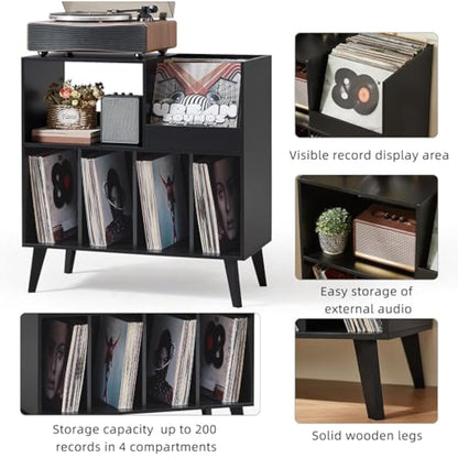 Large Record Stand With Storage and Shelf - Vinyl Holder With Presentation Surface for Up to 300 Albums - Music Room and Living Room Storage Solution