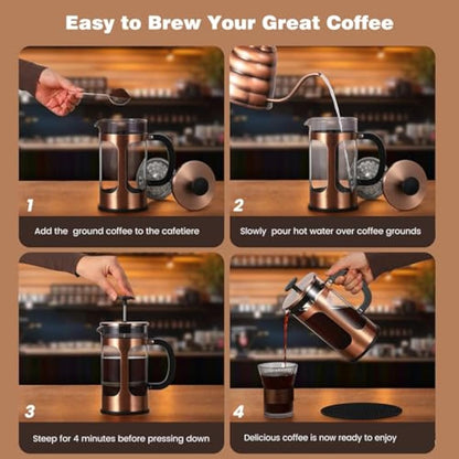 KOOYAT Cafetiere French Press Coffee Maker with Capacity of 1000ml / 6 cup Large Coffee Press for Ground Coffee in Home Office or Travel Heat-Resistant Caffettiera Gift Set for Women and Men Copper