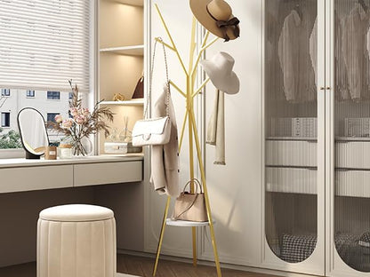 HOME BI Coat Rack Stand, Entryway Standing Coat Tree,Hat Stand Coat Hanger with 9 Hooks for Holding Jacket, Handbag, Clothes, Hats, and Scarves, Gold