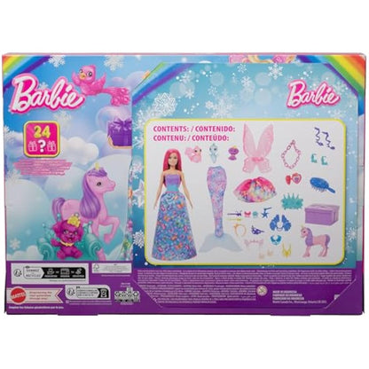 Barbie Advent Calendar with Doll & 24 Surprise Accessories Including Unicorn & 3 Pets, Transform Pink-Haired Fashion Doll into Mermaid, Fairy & More, HRG90