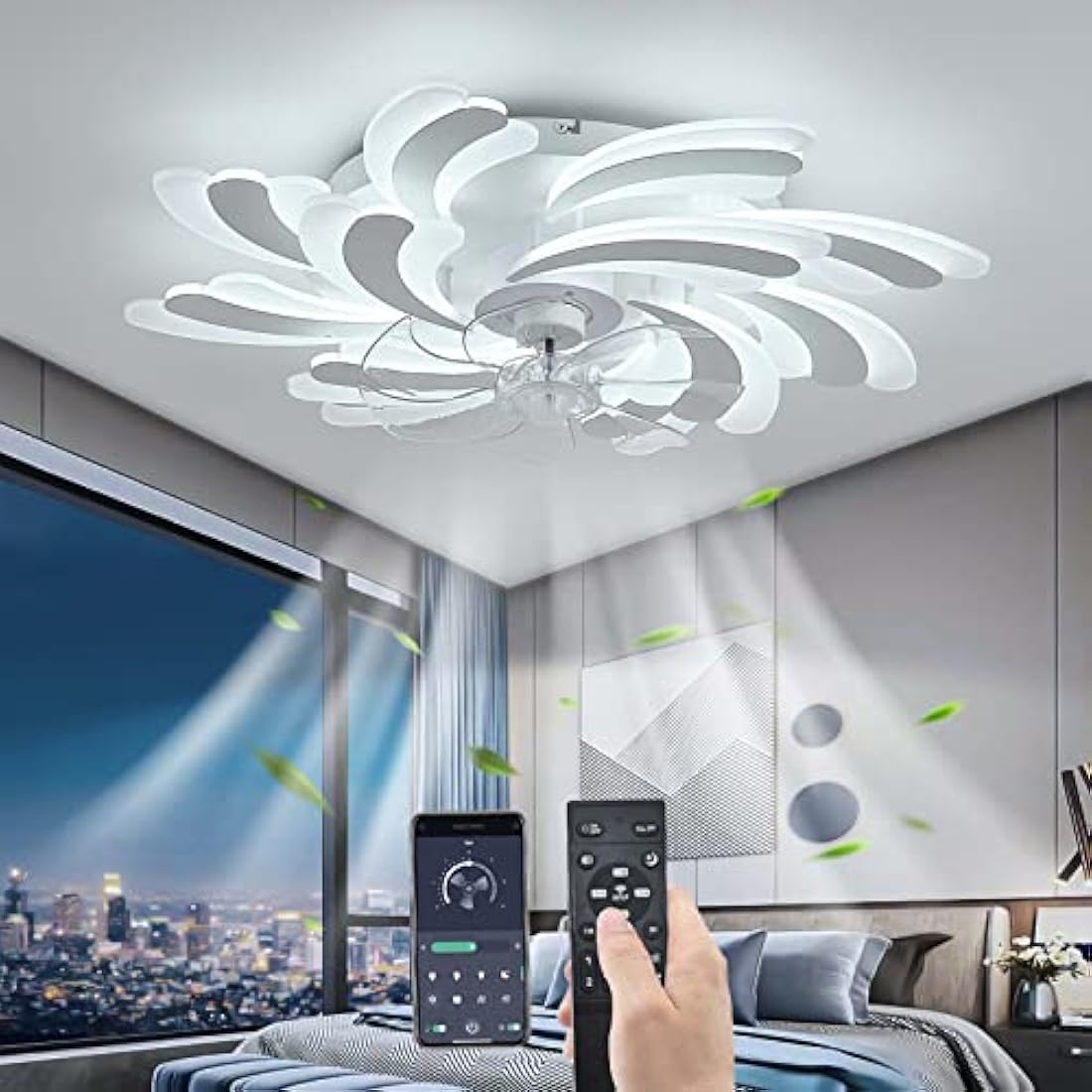YUNZI LED 50W Ceiling Fan with Lamp, Quiet Fan Ceiling Light, Modern Dimmable Ceiling Fan Lighting for Living Room Dining Room Bedroom Kitchen, Adjustable 6 Speeds, White 80CM
