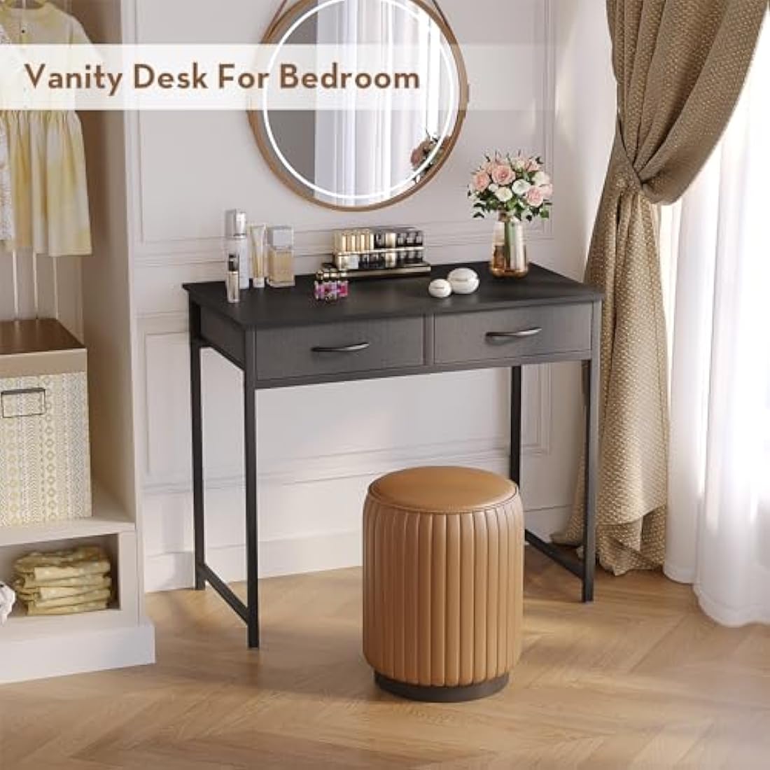 WOHOMO Small Computer Desk with Drawers, 31.5 Inch Black Vanity Desk with Storage, Home Office Computer Desks for Small Spaces, Modern Work Writing Study Table, Black