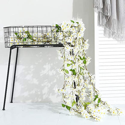 JUSTOYOU 2 Pcs 5.7FT Artificial Sakura Cherry Blossom Flowers Hanging Vine Fake Sakura Garland Fake Oriental Cherry Wreath Home Garden Party Wedding Decor (Cherry White, 2 PCS)