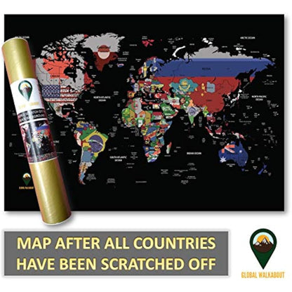 Scratch Off Map with Flags background – Deluxe Travel Size World Map Poster – Countries and Facts – Travel Gift - GLOBAL WALKABOUT (Black)