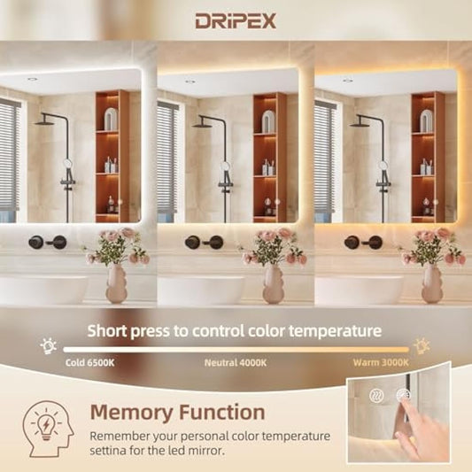 Dripex LED Bathroom Mirror with Lights, 600 * 1000 MM Light up Backlit Mirror Bathroom Anti Fog Illuminated Mirrors Dimmable Switch with 3 Colors,Horizontal/Vertical