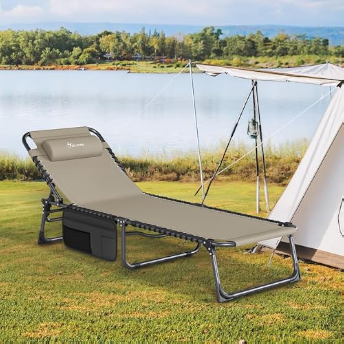 YITAHOME Reclining Sun Lounger Set of 2, Folding Sun Bed 4 Position Adjustable, 190x60x31 cm Sunloungers with Removable Headrest & Side Pocket Load capacity 300lbs for Garden, Beach, Camping, Khaki