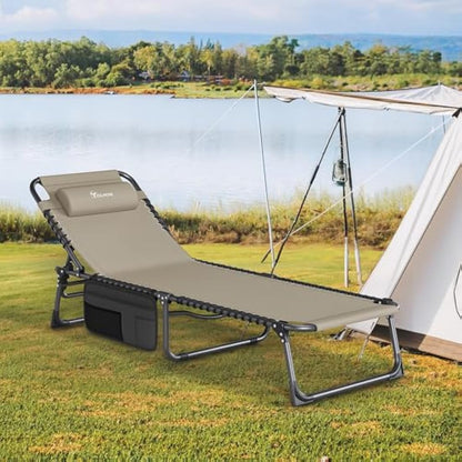 YITAHOME Reclining Sun Lounger Set of 2, Folding Sun Bed 4 Position Adjustable, 190x60x31 cm Sunloungers with Removable Headrest & Side Pocket Load capacity 300lbs for Garden, Beach, Camping, Khaki
