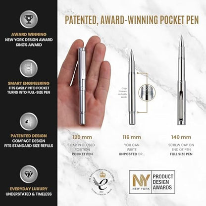 Scriveiner Silver Chrome Rollerball, Award Winning Luxury Pen, Heavy Pocket Pen with Chrome Finish, German Schmidt Refill, Best EDC Writing Pen Gift Set for Men & Women, Nice Designer Office Fancy Pen