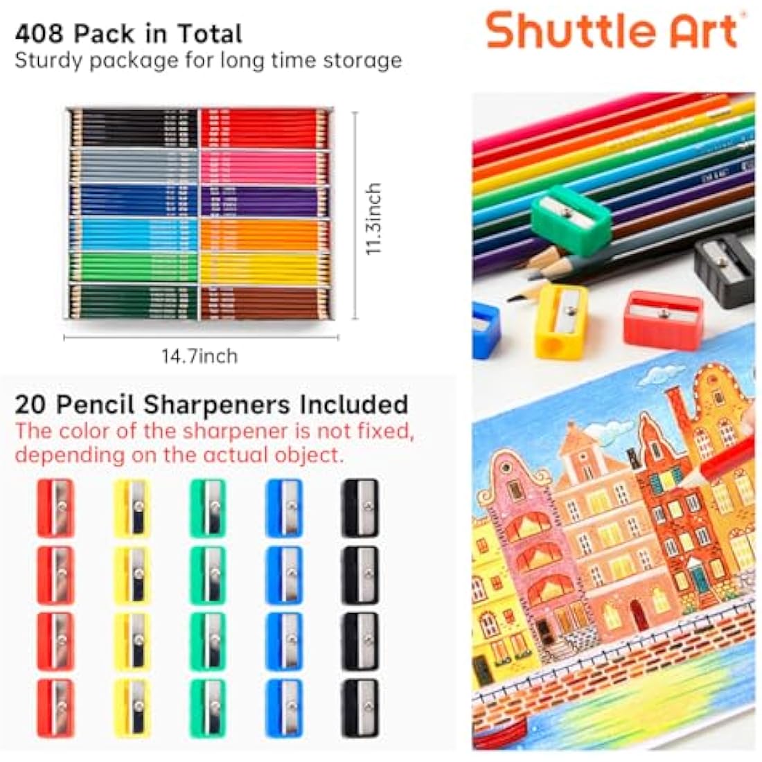 Shuttle Art 408 Pack Colouring Pencils Bulk, Coloured Pencil Set for School Plus 20 Sharpeners, 12 Colours School Pack Colouring Pencils for Kids, Class pack School Supplies