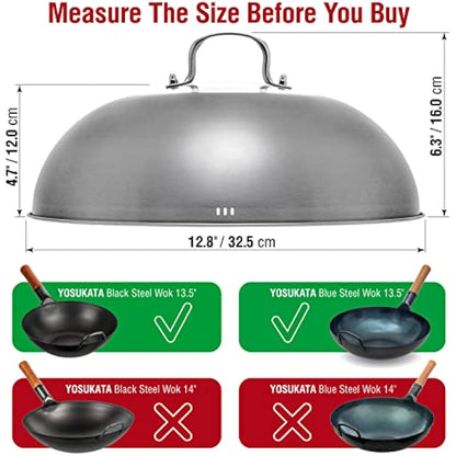 YOSUKATA Wok Lid 32.5 cm for Wok 34 cm - Premium Stainless Pan Cover with Tempered Glass Insert Steam Holes and Ergonomic Handle - Durable Asian Accessories -Dishwasher-Safe Lid