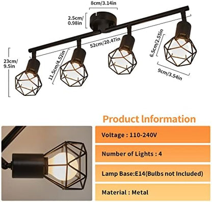 Spotlight Fitting, Retro Rotatable Ceiling Spotlight, Black Metal Iron Lampshade Ceiling Light, Adjustable Lamp for 4 E14 Bulb, Suitable for Living Room Bedroom Kitchen Loft Hallway
