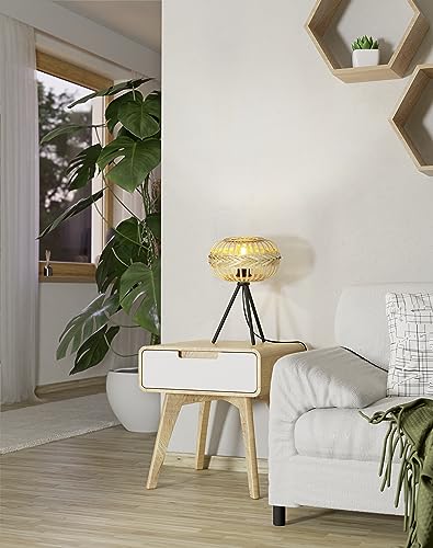 Eglo Tripod Bedside lamp Amsfield 1, Boho Style Light Fixture, Living Room and Bedroom Lighting, Black Metal and Natural Coloured Bamboo, E27 Socket,