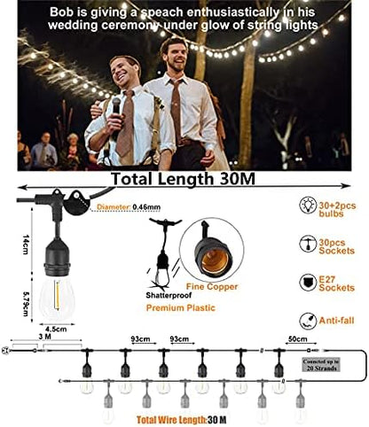 Meidaoduo Outdoor String Lights LED Mains, 30 Meters Festoon Garden String Lights 30 E27 Waterproof Sockets, 32pcs LED Shatterproof Patio Garden Party Wedding Backyard