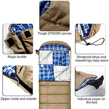 Winter 0 Degree Canvas Sleeping Bag for Fishing, Hunting, Traveling and Camping Particularly in Cold Winter Outdoor with Removable Flannel Liner and Free Compression Sack for Big and Tall Adults
