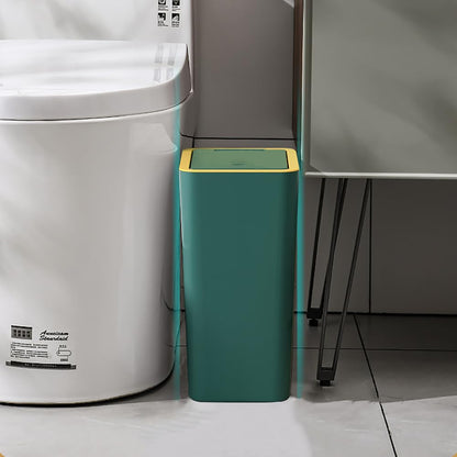 9L Slim Bathroom Bin with Touch Top Lid - Plastic Dog-Proof Narrow Trash Can for Bedroom, Office, Living Room, Kitchen, and Toilet (Green)