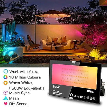Mobri LED Floodlight Outdoor with Alexa, Smart Flood Lights Colour Changing APP Control, 50W 5000LM Bluetooth, Warm White+1600 Million RGB Colours, No WiFi No Hub, IP66 UK 3-Plug, 2 Pack