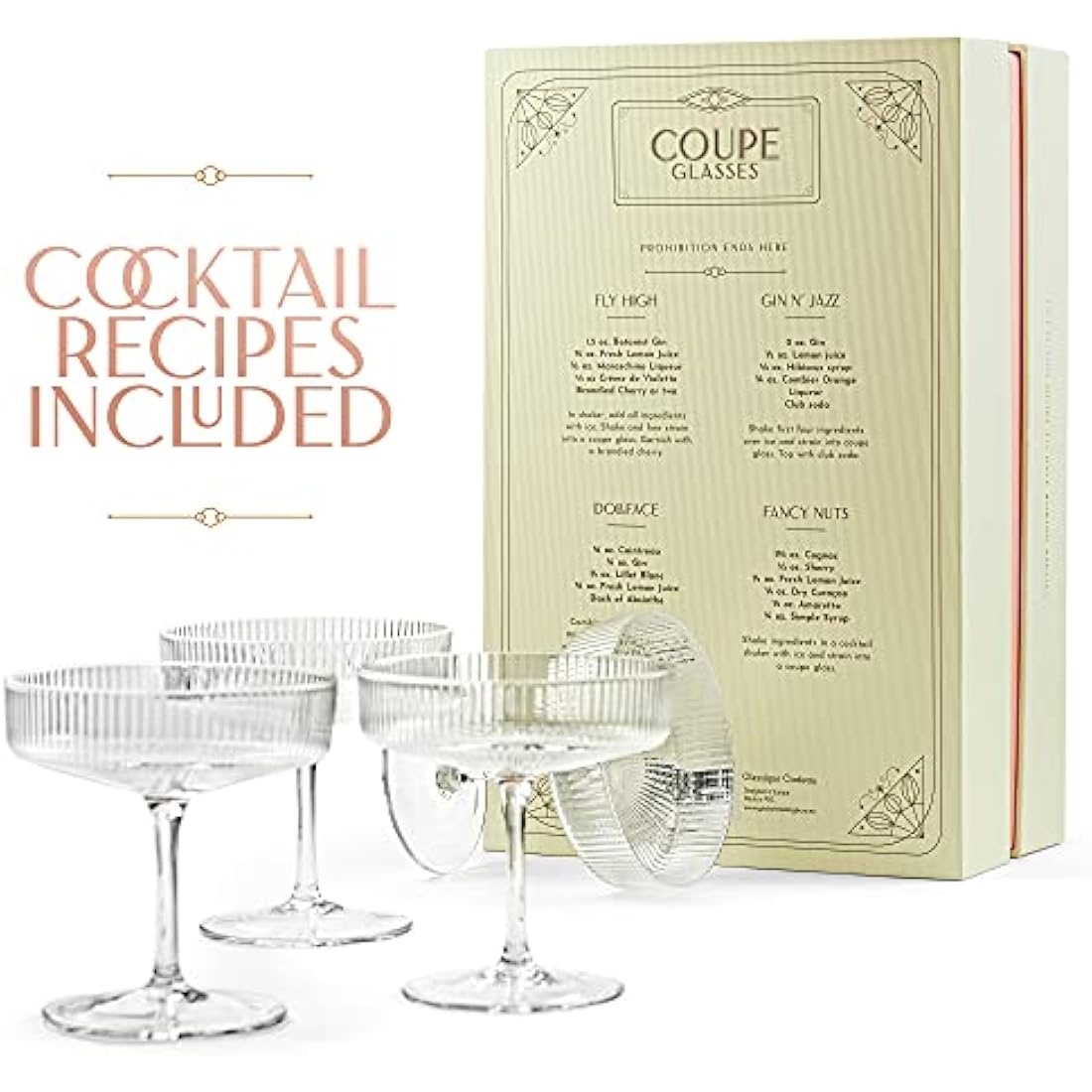 Vintage Art Deco Coupe Glasses | Set of 4 | 200 ml Classic Cocktail Glassware for Champagne, Martini, Manhattan, Cosmopolitan, Sidecar | Crystal Speakeasy Style Saucer Goblets with Stems