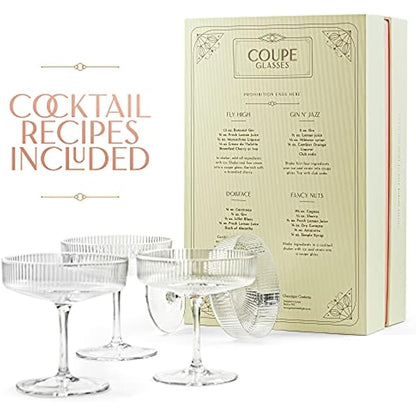 Vintage Art Deco Coupe Glasses | Set of 4 | 200 ml Classic Cocktail Glassware for Champagne, Martini, Manhattan, Cosmopolitan, Sidecar | Crystal Speakeasy Style Saucer Goblets with Stems