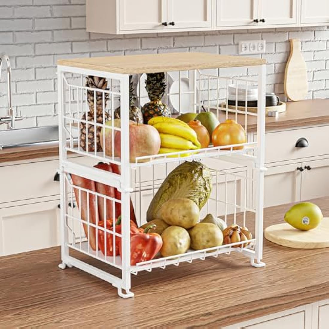 UMDONX Vegetable Storage Rack Kitchen Fruit Basket Bowl 3 Tier - Countertop Wire Veg Organiser Tiered Tabletop Stand Wooden Top (Durable Metal White)