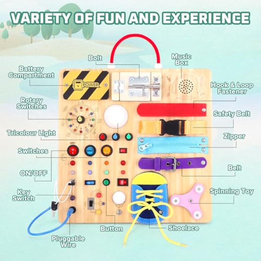 23 in 1 Busy Board Montessori Toys from 1 year Activity Board Wooden Toy With 15 Switches, 26 LED Lights, Motor Skills Toy for 1 2 3 year old boys and girls