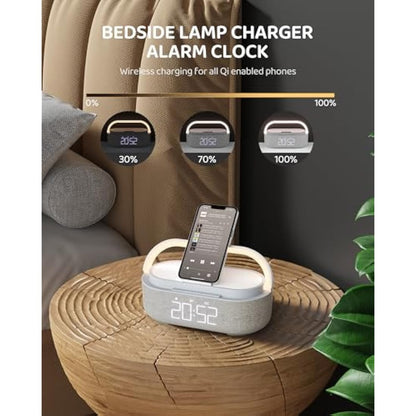 COLSUR Bluetooth Speaker with Radio, 15W Fast Wireless Charger, FM Radio, Bedside Night Light for Heavy Sleepers, Snooze, Dimmable LED Display, 2500mAh Battery USB Charging Port