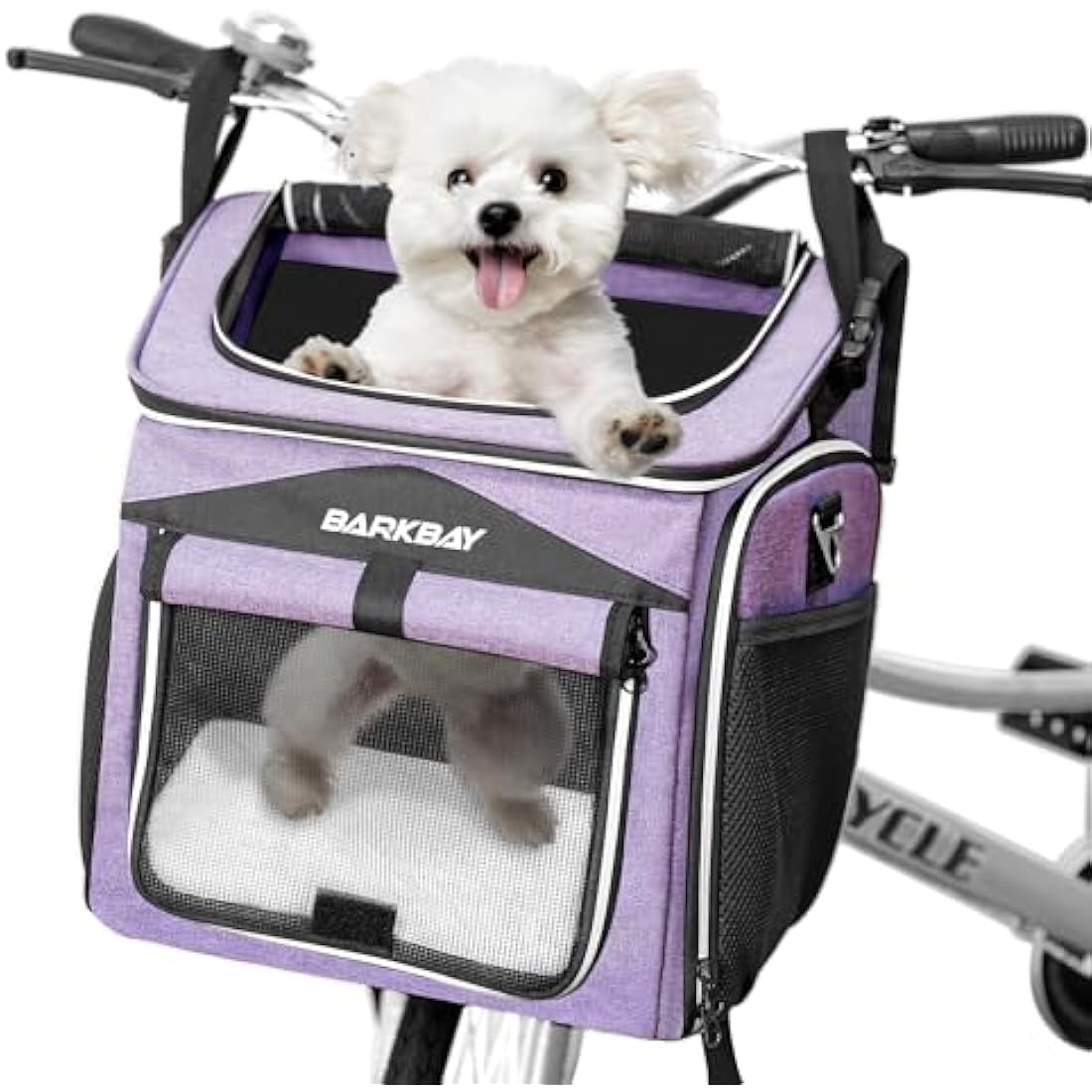 BARKBAY Dog Bike Basket Carrier, Expandable Foldable Soft-Sided Dog Carrier, 2 Open Doors, 5 Reflective Tapes, Pet Travel Bag, Safe and Easy for Small Medium Cats and Dogs (Purple)
