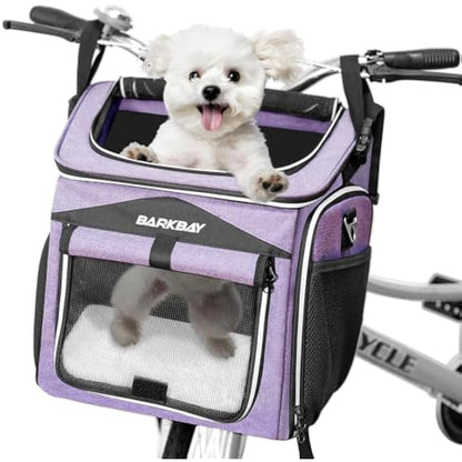 BARKBAY Dog Bike Basket Carrier, Expandable Foldable Soft-Sided Dog Carrier, 2 Open Doors, 5 Reflective Tapes, Pet Travel Bag, Safe and Easy for Small Medium Cats and Dogs (Purple)