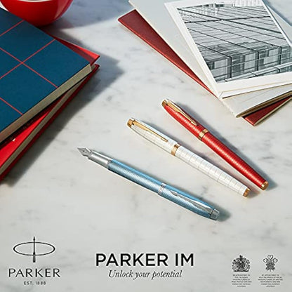 Parker IM Fountain Pen | Premium Red Lacquer with Gold Trim | Fine Point with Blue Ink Cartridge | Gift Box
