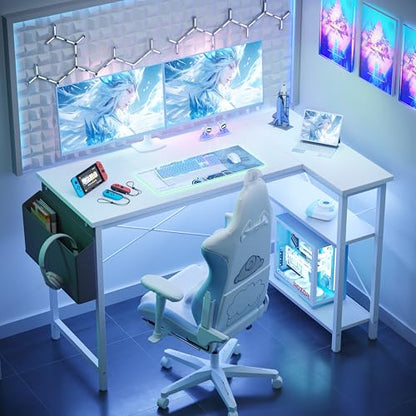 BEXEVUE L Shaped Corner Desk - 120x70 cm Study Office Gaming Desk, Computer Desk Small Writing Table, Large Reversible Storage Shelves, Bookshelf