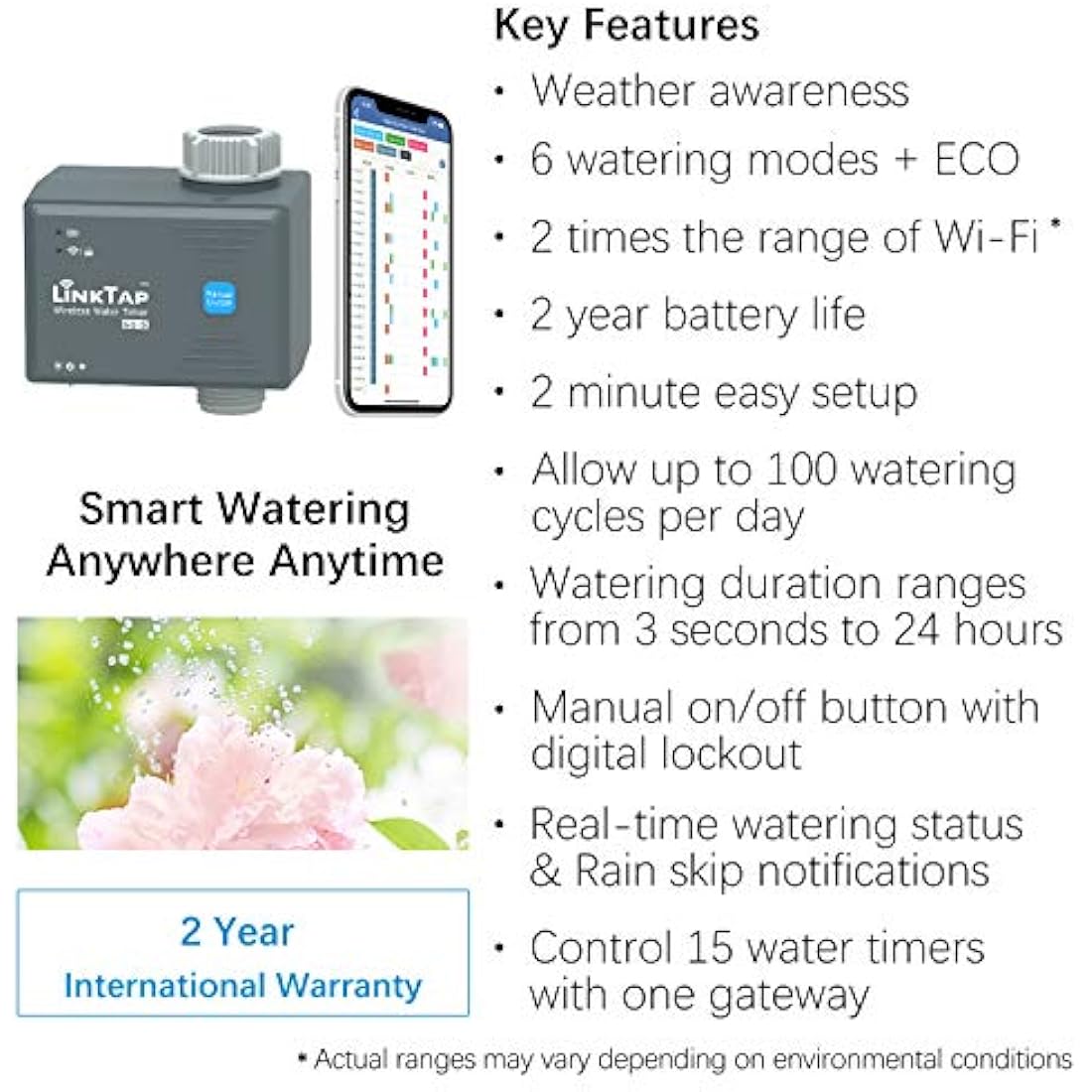 LinkTap G1S Wireless Water Timer & Gateway - Cloud Controlled Smart Tap Hose Timer & App, Remote Irrigation for Garden, Weather Awareness, Manual Control & Digital Lockout, 2 Year Battery Life, IP66