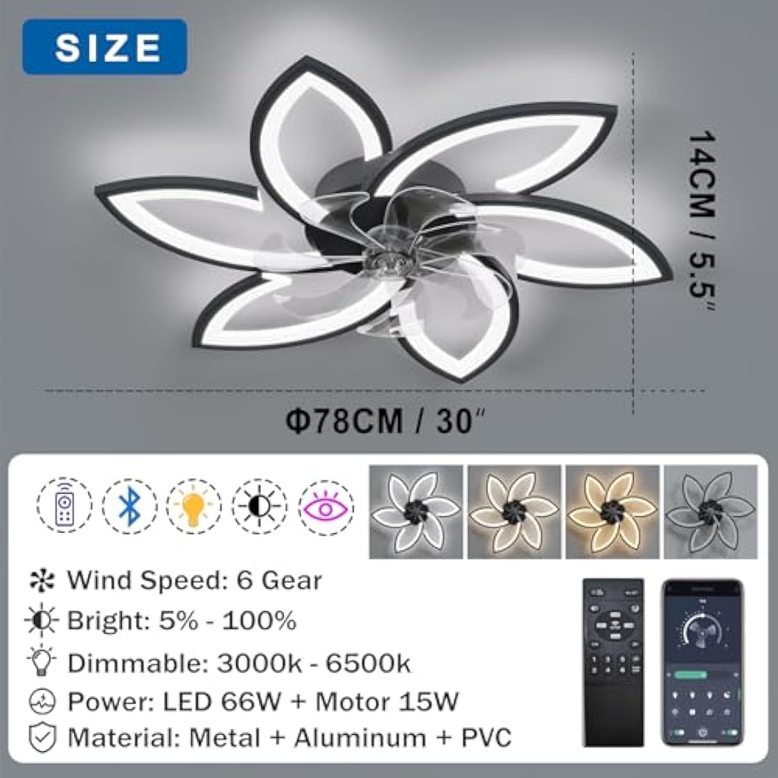 YUNZI Mute Ceiling Fan with Light with Remote Control, LED Dimmable Fan Ceiling Lamp, Modern Ceiling Fan Lighting for Living Room Bedroom Office, Adjustable 6 Speeds, Black 78CM