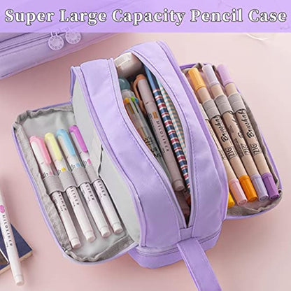 Tesmien Pencil Case, Large Pencil Case with 4 Compartments Stationery Organizer for Boys and Girls, Aesthetic Pencil Bag Suitable for Kids Teenagers Students Women Men, Purple